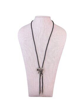 Silver-Toned & Black Western Enamel  Bolo Tie Braided Leather Cord Adjustable